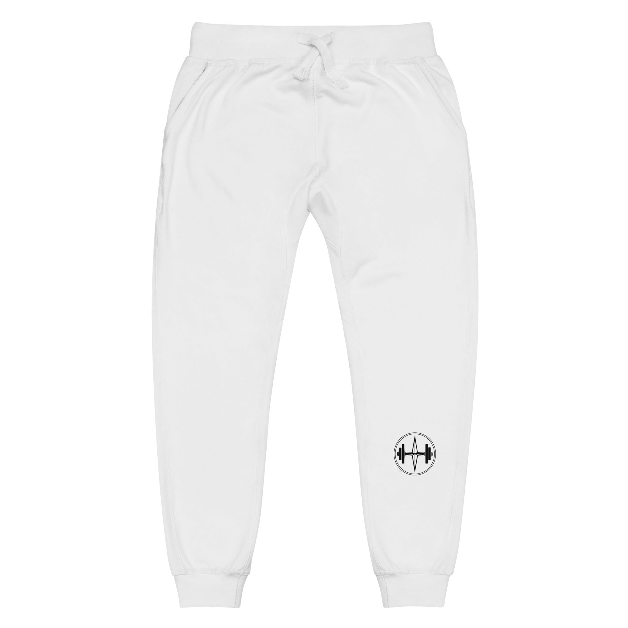 White sweatpants with a black and white logo on a white background