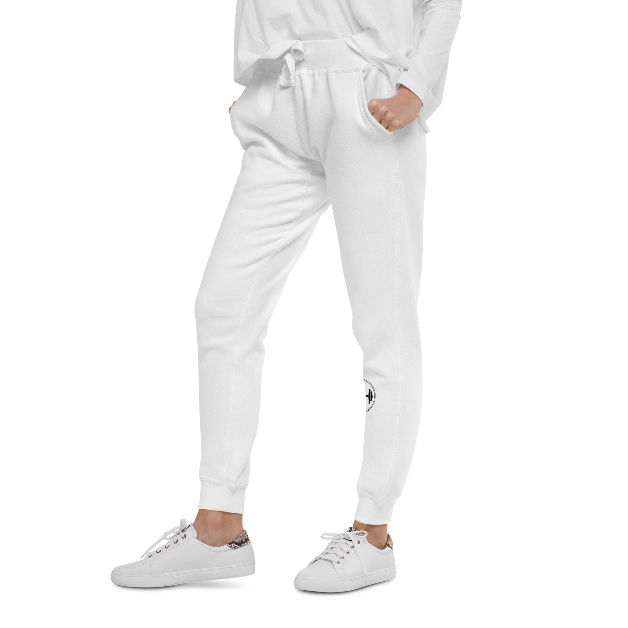 White sweatshirt and pants with white sneakers on a white background