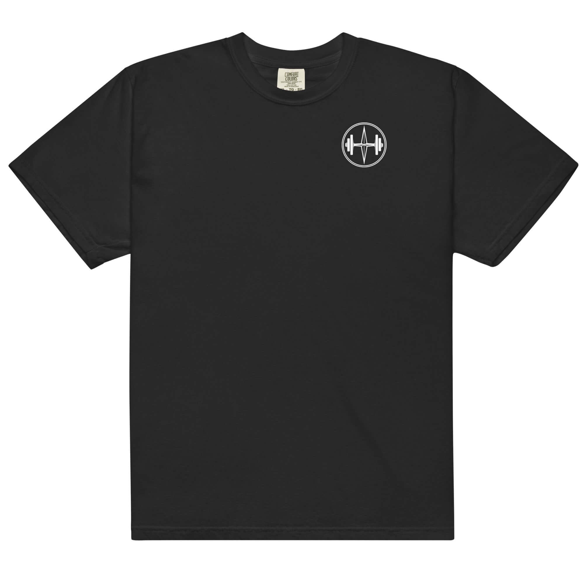 Black t-shirt with a white logo on a white background