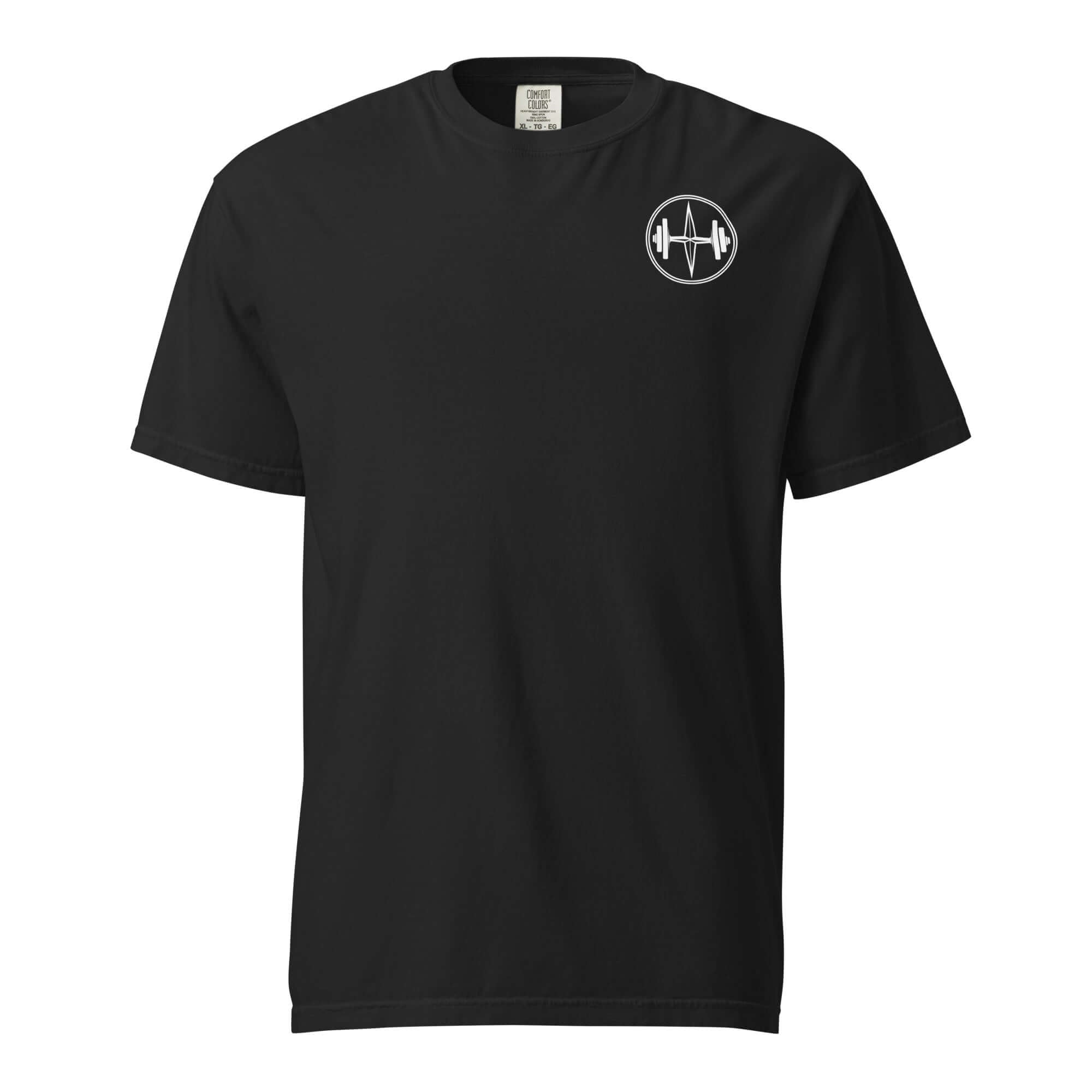Black t-shirt with a white logo on a white background
