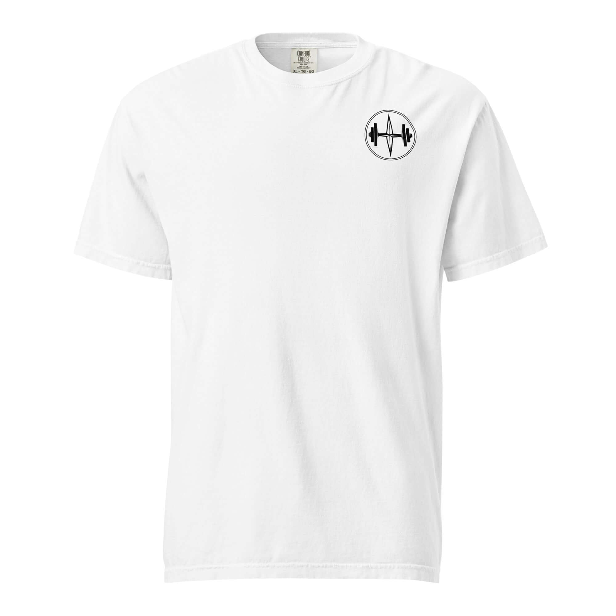 White t-shirt with a black logo on a white background