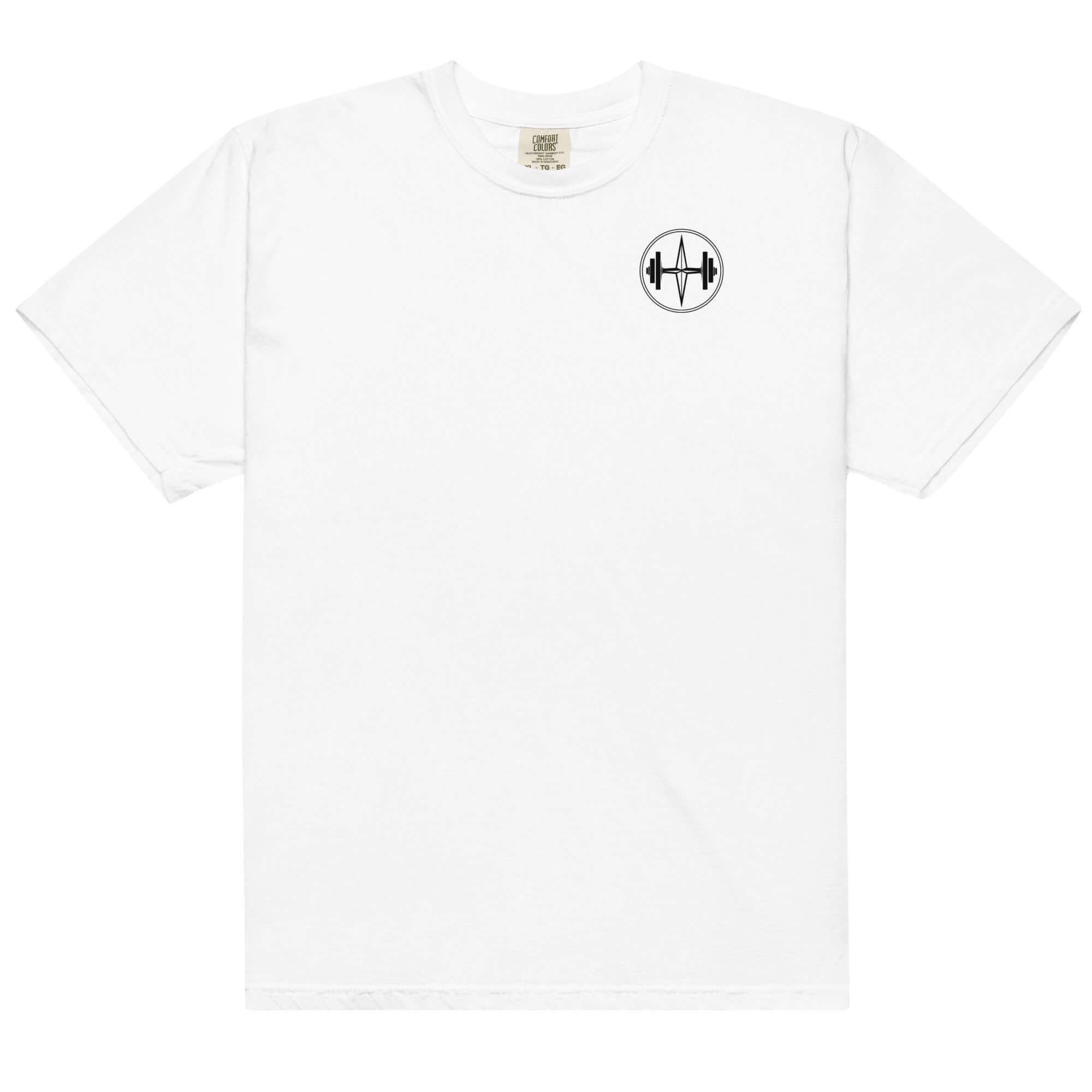 White t-shirt with a black logo on a white background