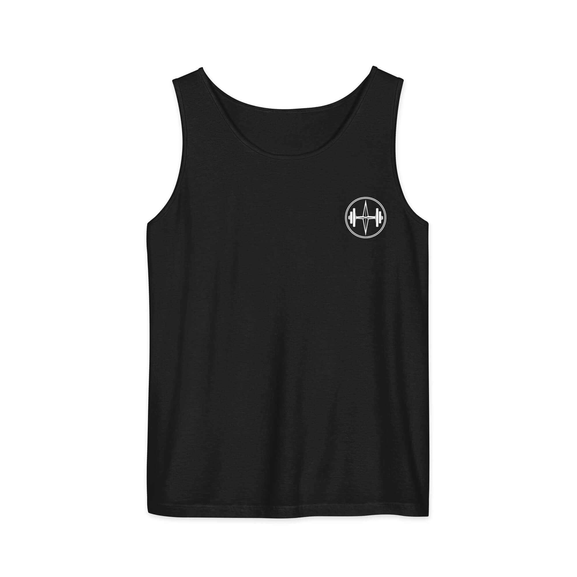 Black tank top with a white logo on a white background