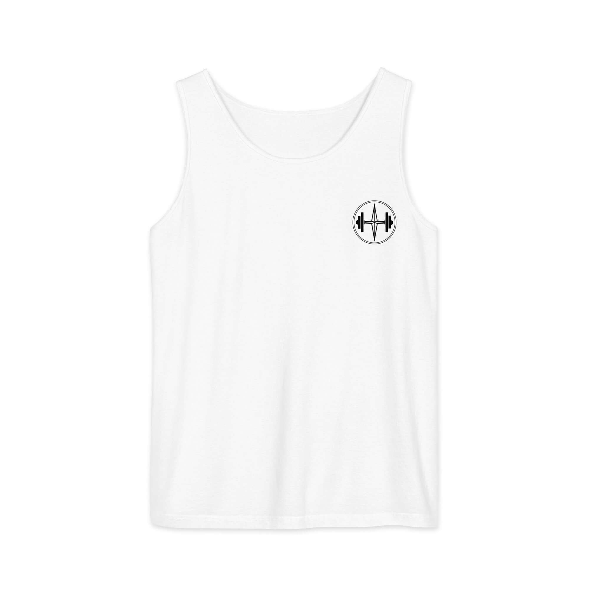 White tank top with a black logo on a white background