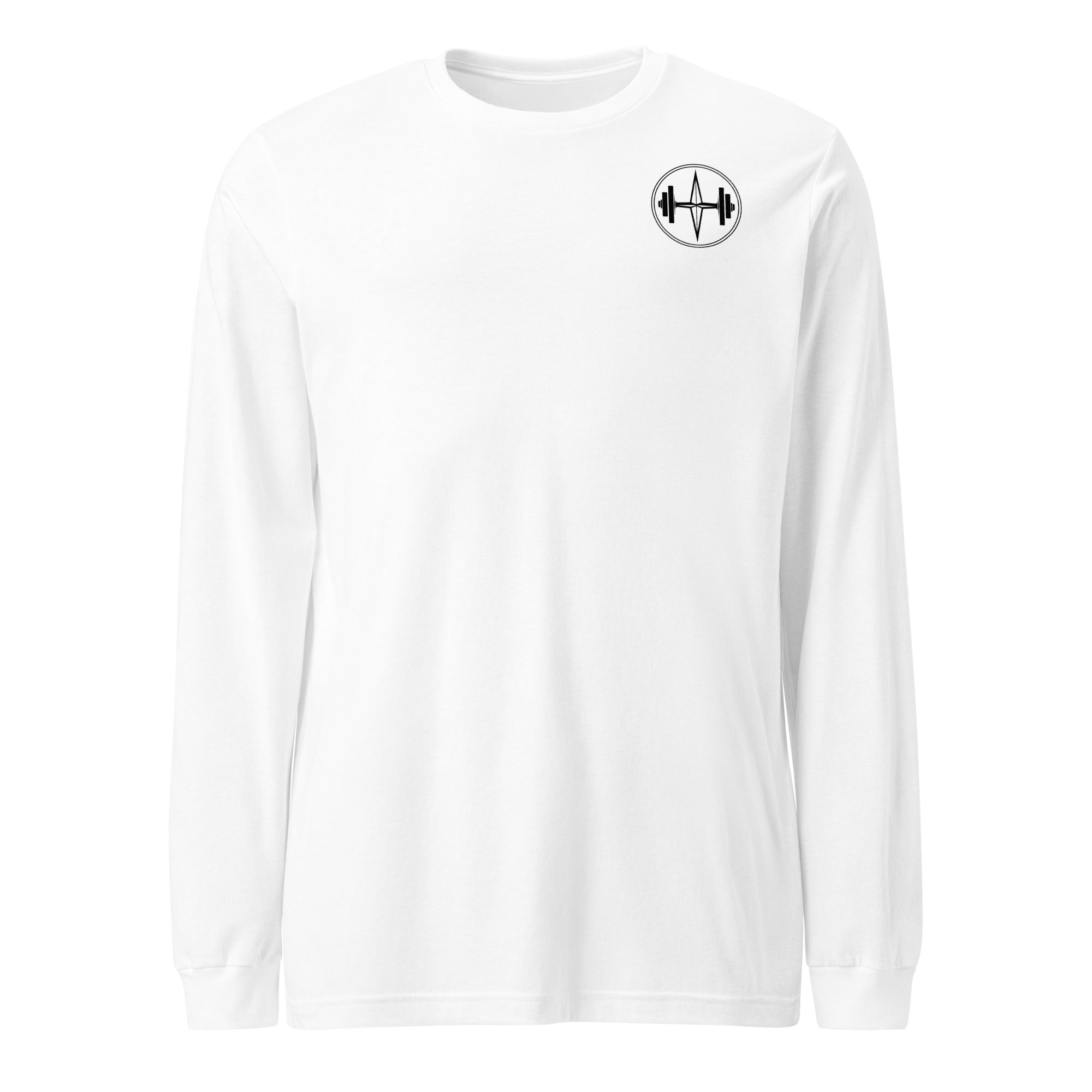 White long-sleeve shirt with a black logo on a white background
