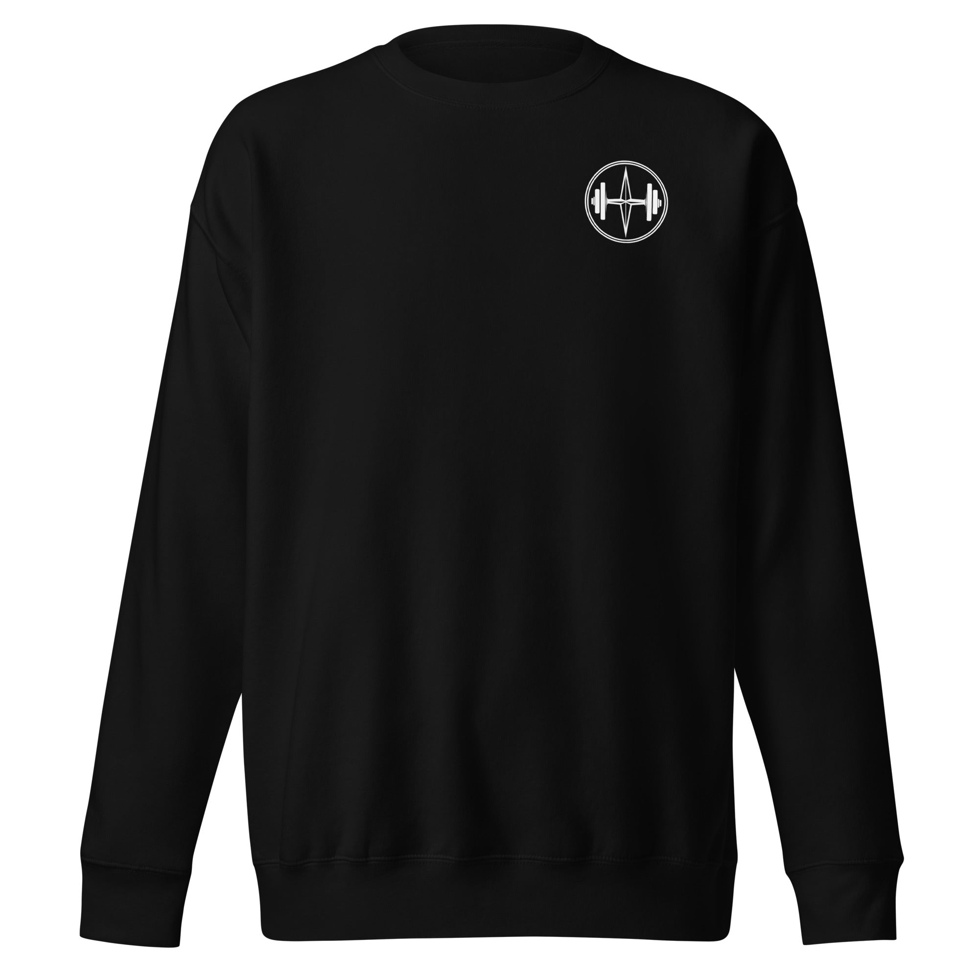 Black sweatshirt with a white logo on the chest against a white background