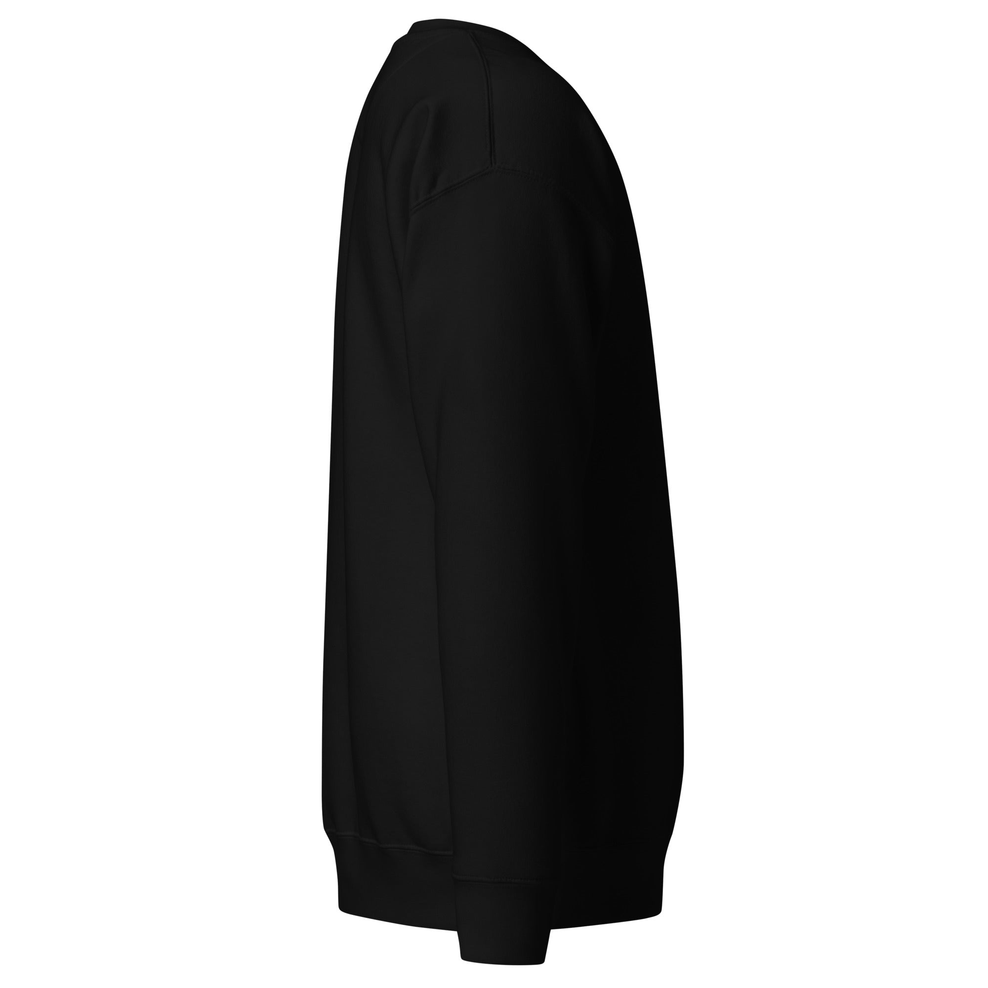 Black sweatshirt with pink text on sleeve against a white background