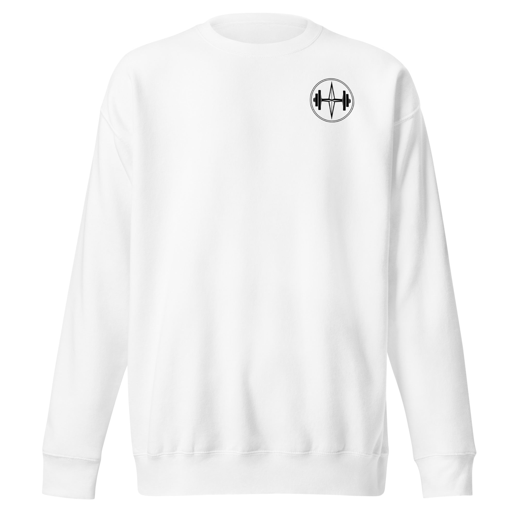 White sweatshirt with a black logo on the chest against a white background