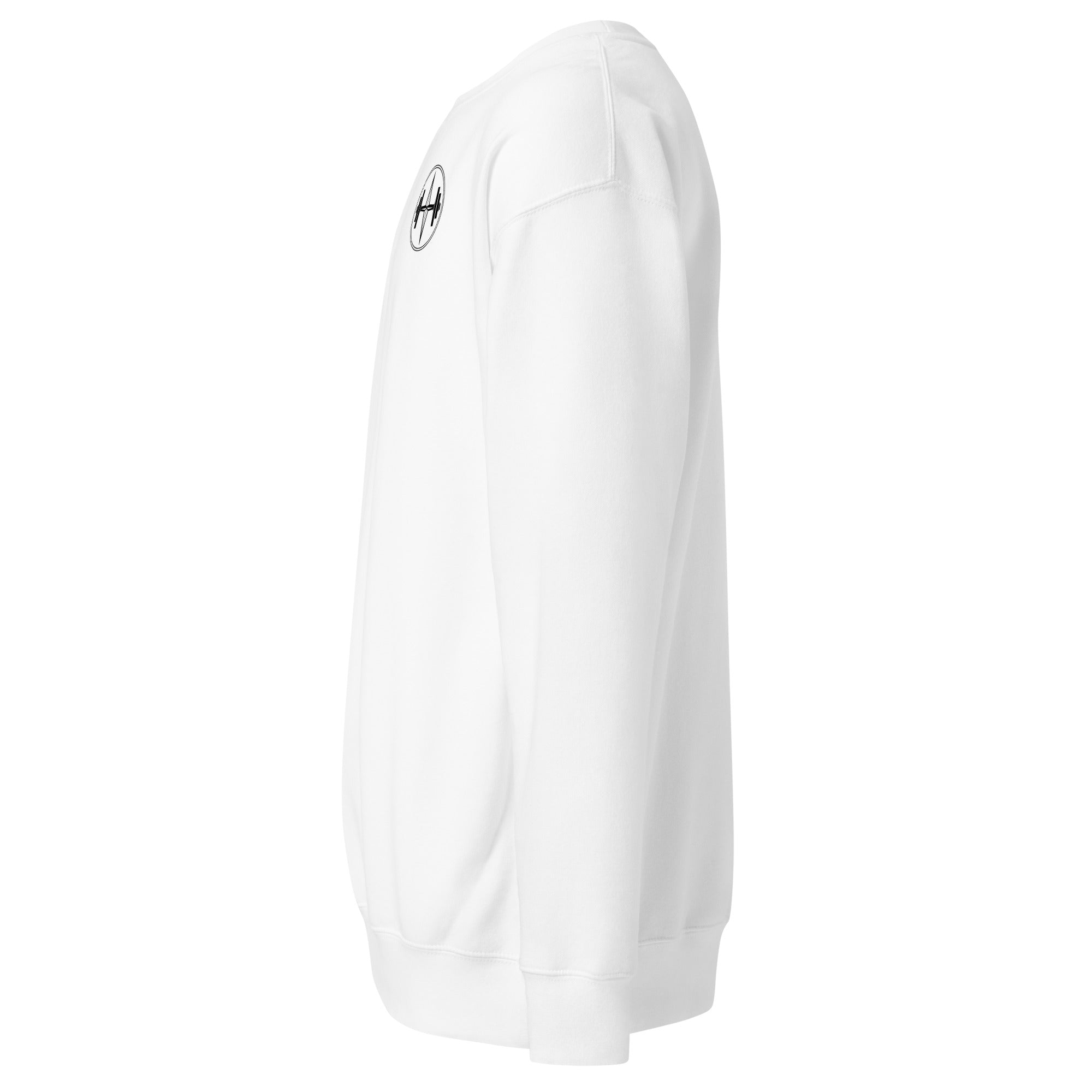 White hoodie with a brand logo on the chest against a white background
