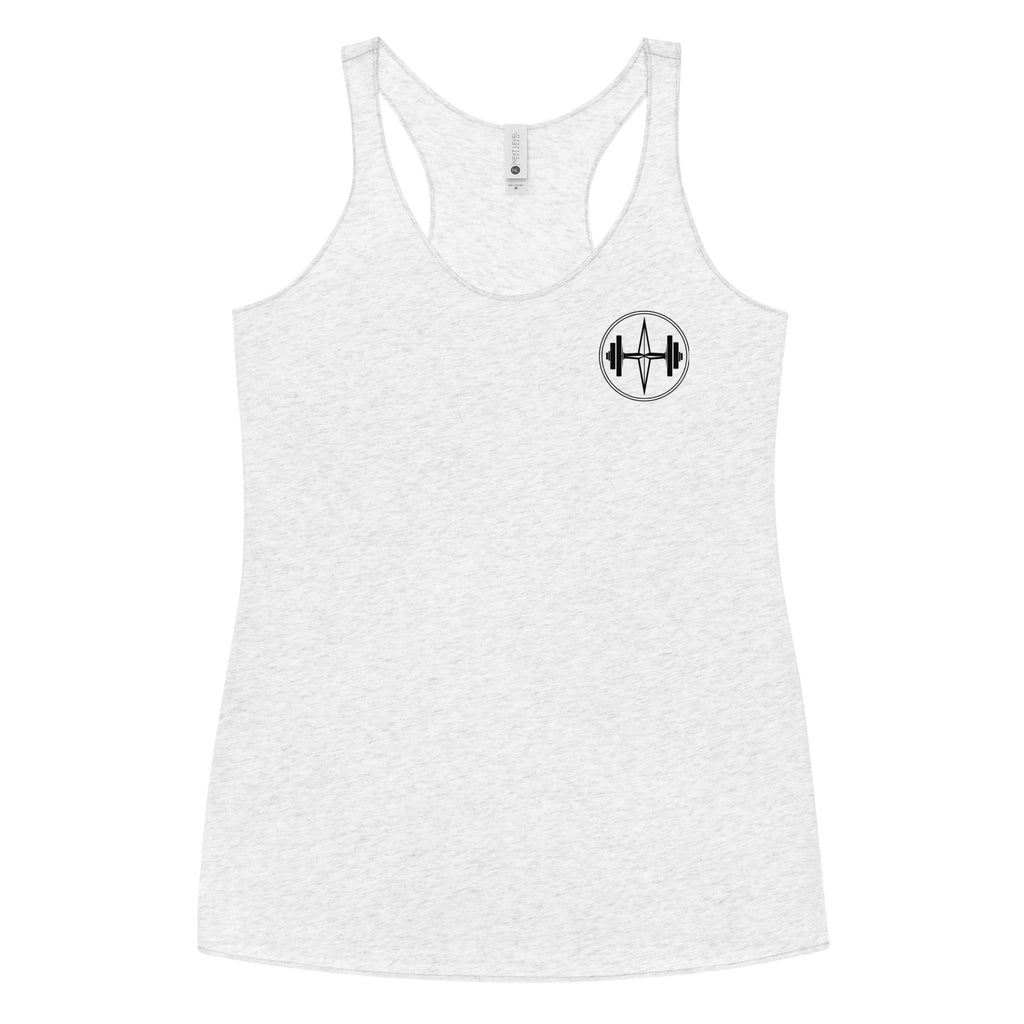 White tank top with a black logo on a white background