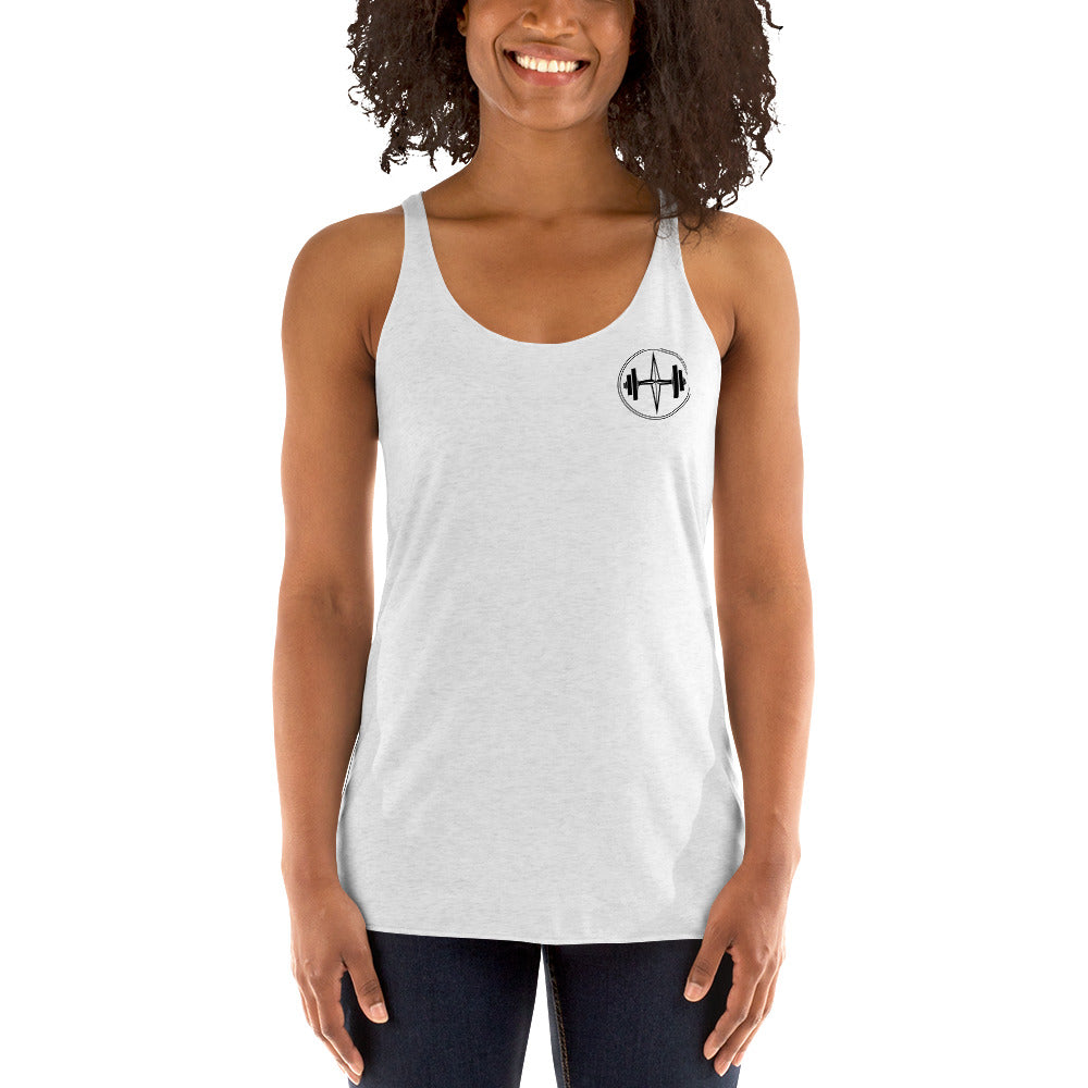 Woman wearing a white tank top with a logo on a white background