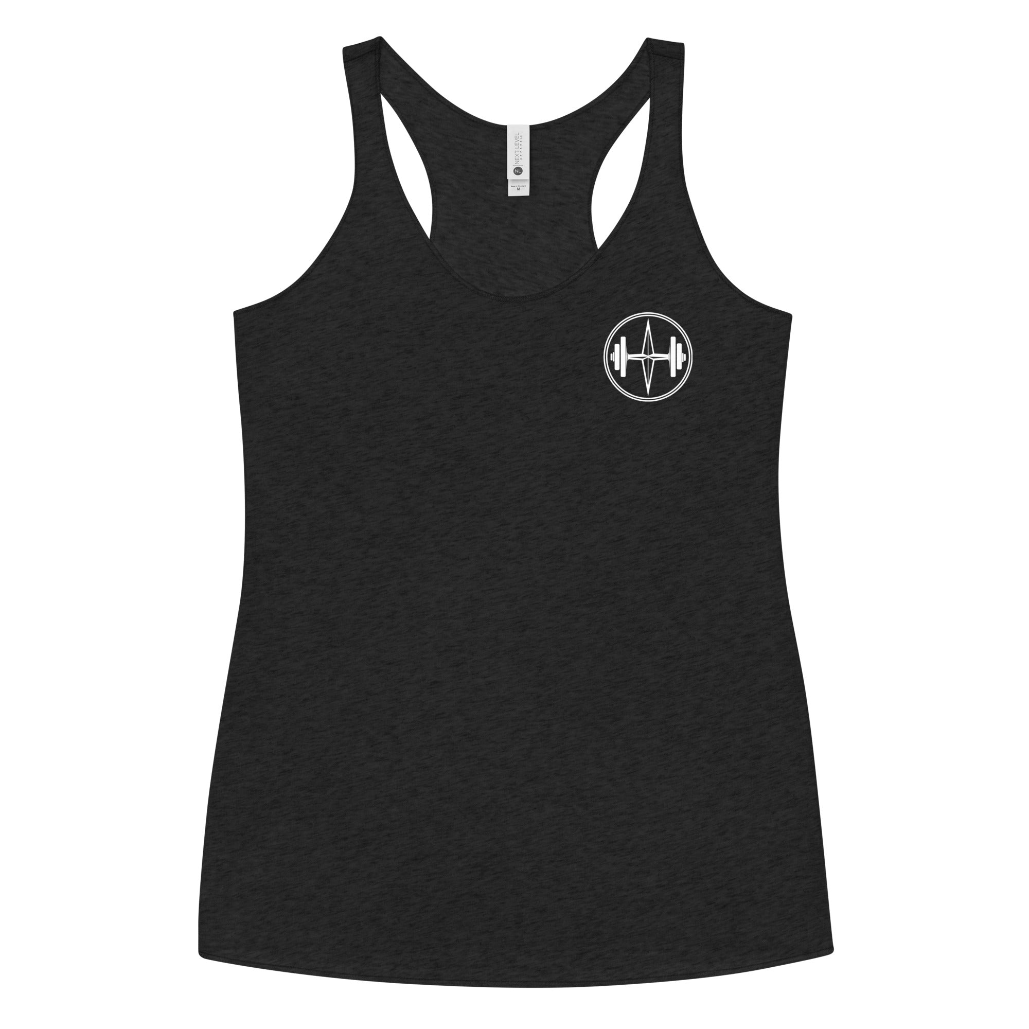 Black tank top with a white logo on a white background